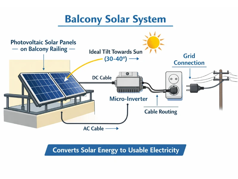 Diagram of a balcony solar system with labeled components: panels on balcony railing, microinverter, grid connection, ideal panel tilt