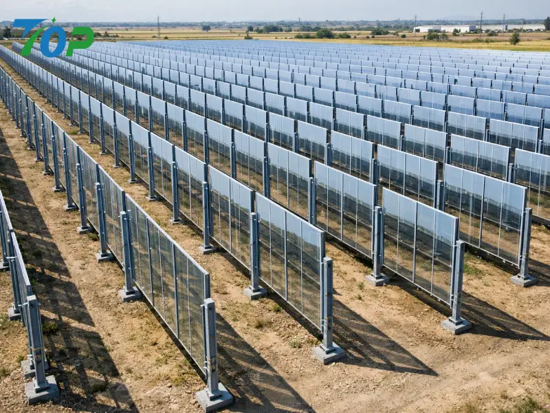 Vertical bifacial solar mounting system installed in dense rows for high land use efficiency